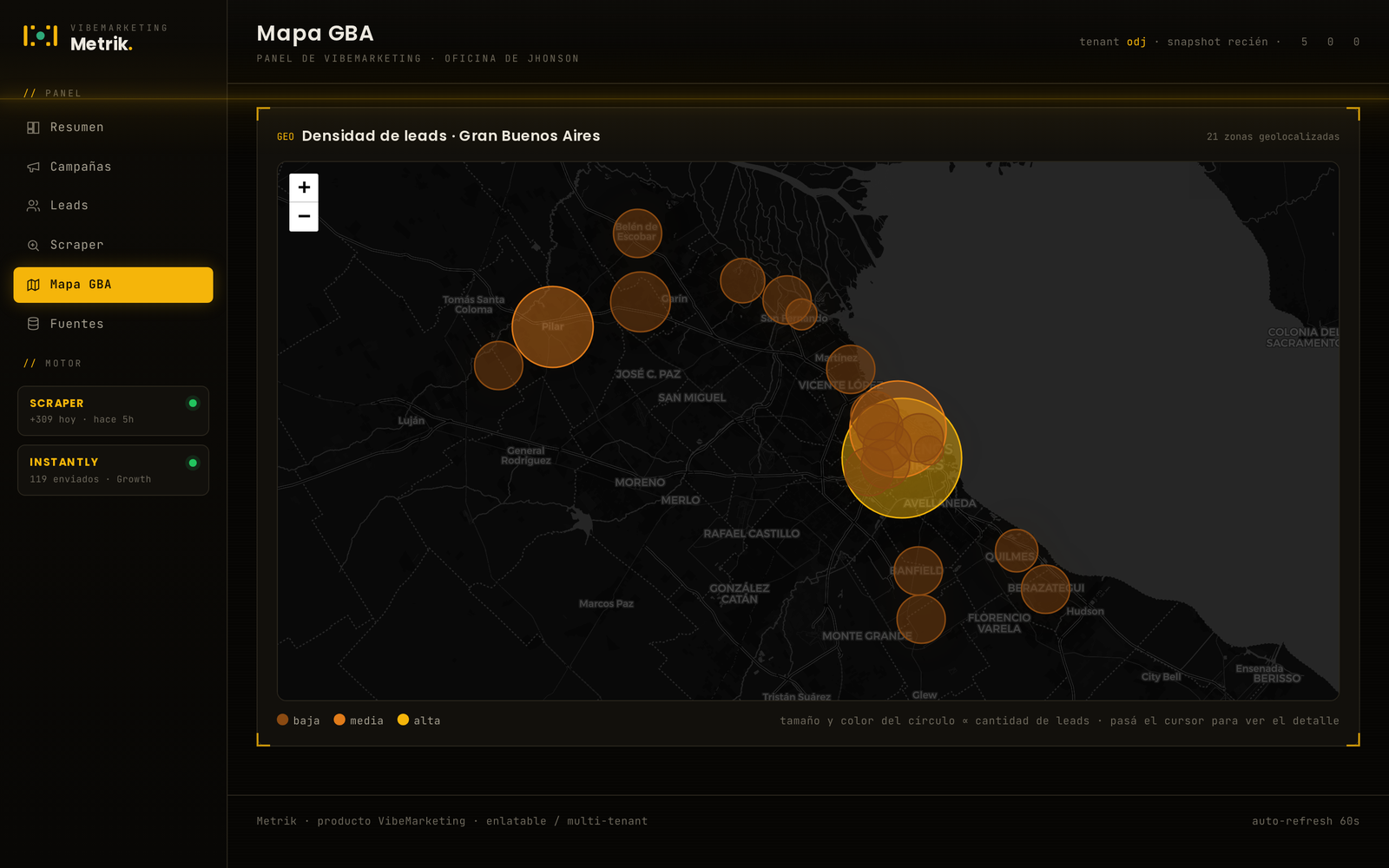 METRIK — mapa de calor con densidad de leads por zona