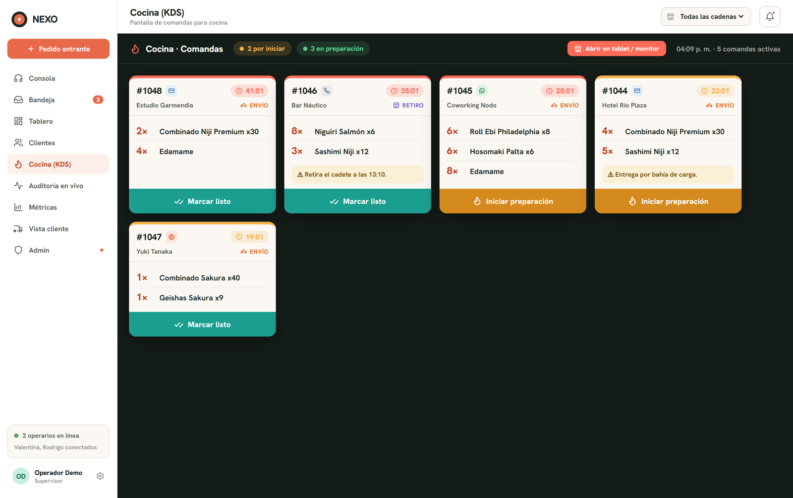 NEXO — pantalla de cocina (KDS): pedidos en preparación, listos y despachados