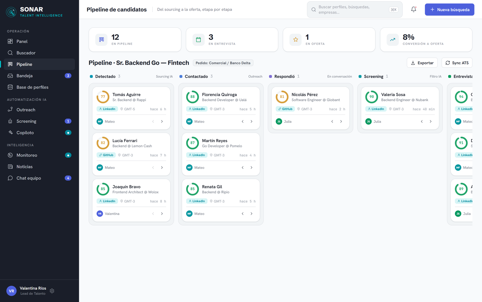 SONAR — pipeline accionable: tablero Kanban ATS de detectado a contratado