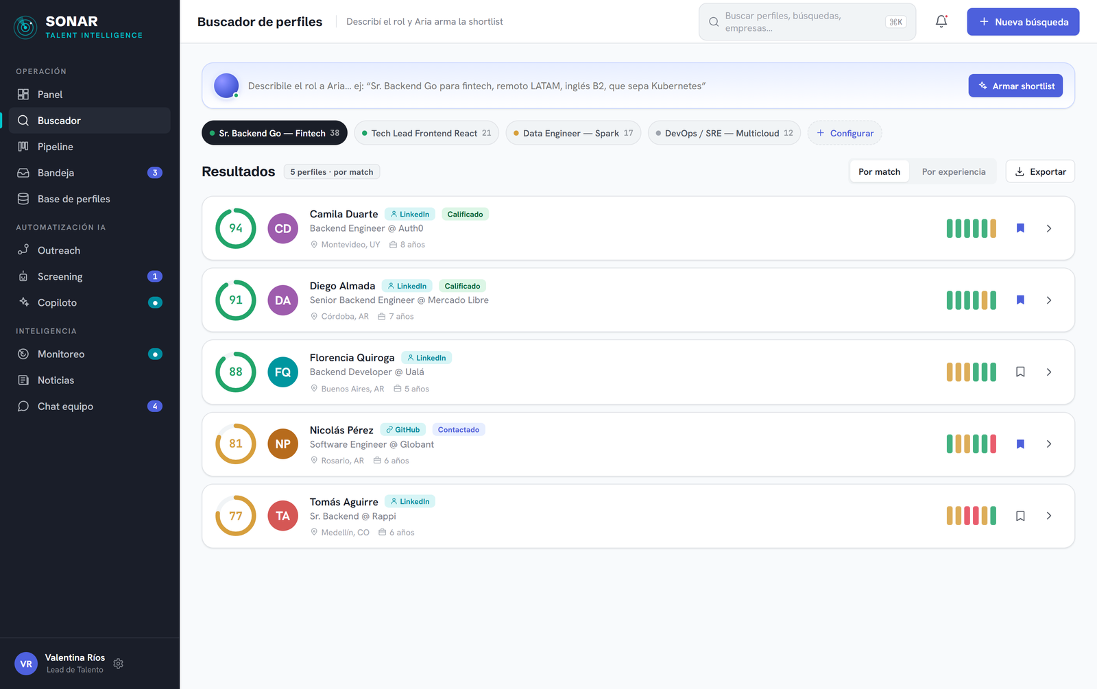 SONAR — buscador IA: shortlist de candidatos con score de match